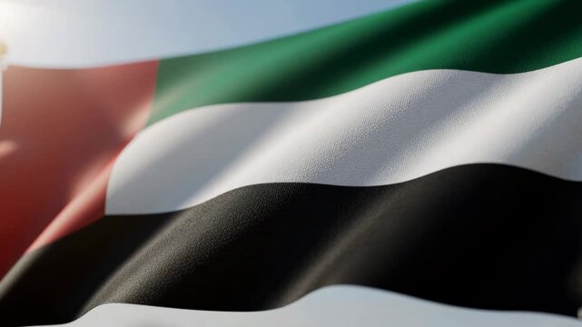 Close up of waving United Arab Emirates flag with vibrant colors and fabric texture in sunlight