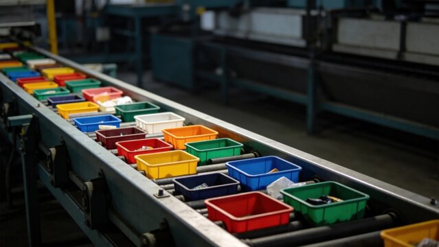Colorful plastic containers organized by type on a sorting c
