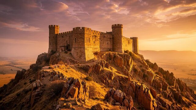 Ancient stone castle on rocky hill during golden sunset with dramatic sky and vast landscape