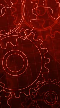 Vertical futuristic tech background featuring glowing gear cogs, technical engineering blueprint lines, and program code data elements