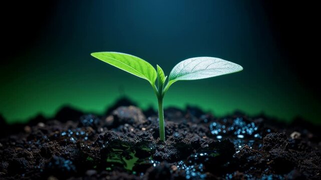 Close up of young green plant sprouting from rich soil with water droplets against dark background