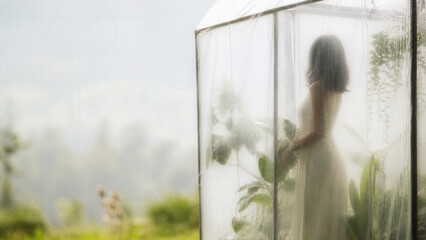 Fototapeta premium Woman Silhouette Behind Translucent Greenhouse Cover