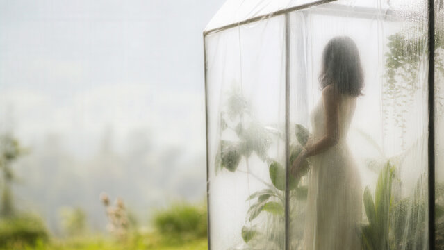 Woman Silhouette Behind Translucent Greenhouse Cover