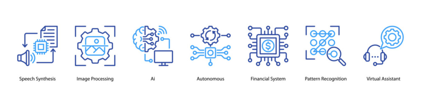 AI Essentials web banner icon vector illustration featuring Speech Synthesis, Image Processing, AI, Autonomous, Financial System, Pattern Recognition, and Virtual Assistant.