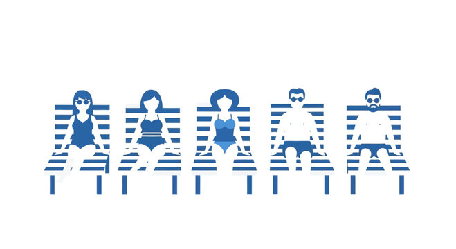 Diverse people relaxing on lounge chairs, enjoying summer vacation and sunbathing