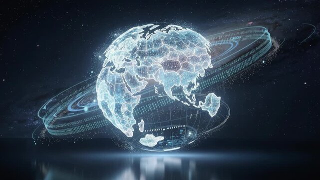 Futuristic digital globe with glowing data rings and network connections over dark cosmic background