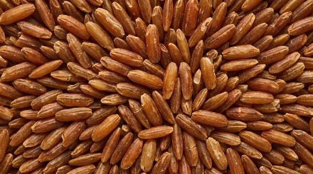 Macro close up of raw uncooked red rice grains arranged in a dense pattern featuring natural earthy textures and warm organic tones for healthy food concepts