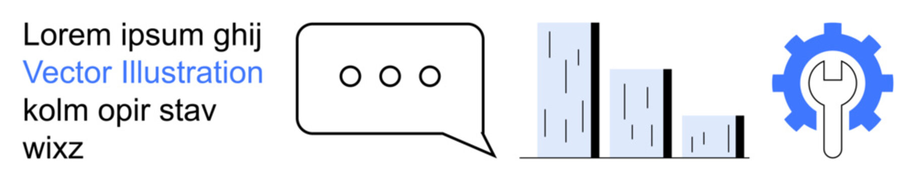 Data visualization, business analytics, communication tools, technical support, workflow optimization, teamwork. A bar chart, speech bubble and gear icon are displayed. Data visualization