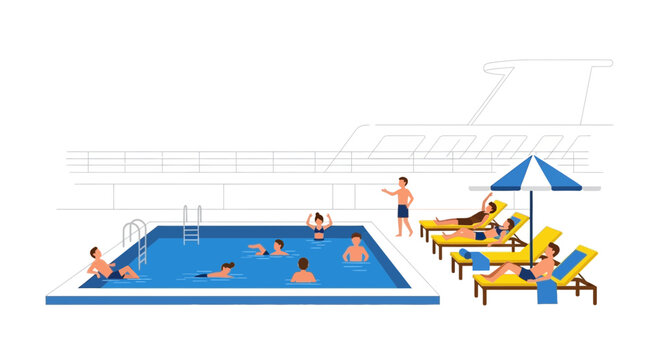 People relaxing by swimming pool on luxury yacht deck, summer vacation