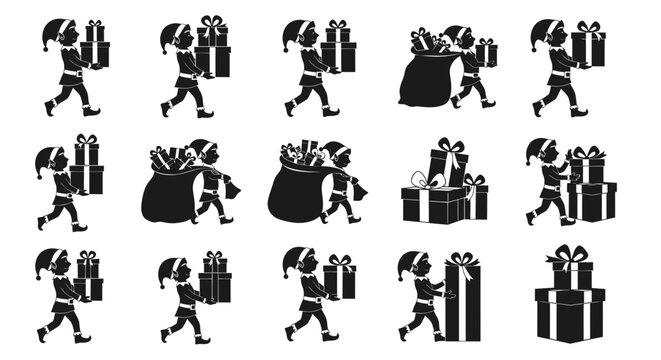 Christmas Elf Silhouette Collection: Gift Giving and Present Carrying Poses