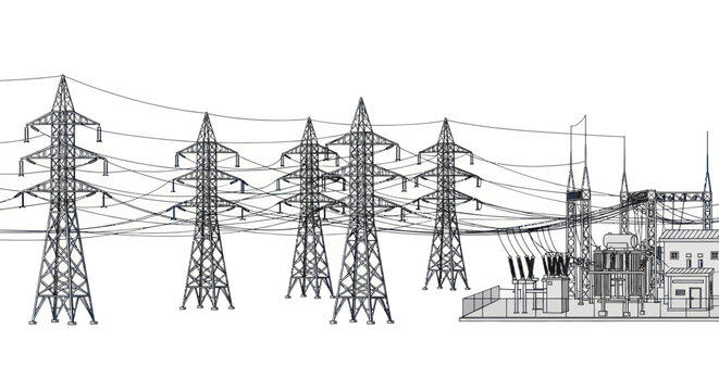 Electrical Substation and Power Lines - Wireframe Illustration