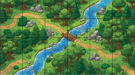 Fototapeta premium Pixel art forest game map with river and bridge, top down fantasy landscape vector, green woodland battle map with grid for RPG
