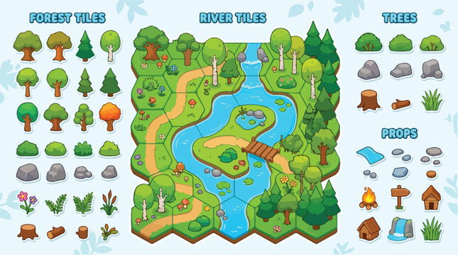 Isometric forest tiles and river tiles game assets, cartoon nature landscape map kit with trees and props, hexagonal grid world builder vector