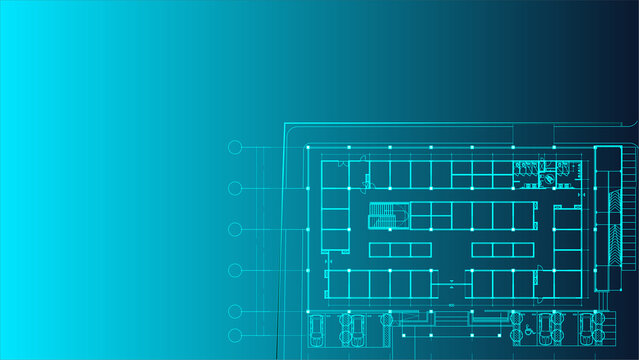 Abstract blueprint background of engineering floor plan with glowing cyan neon lines and wide negative space for corporate presentation