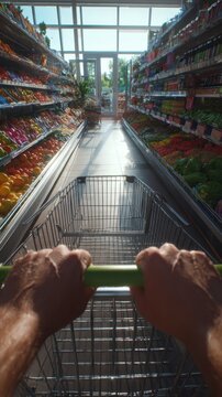 First-Person View of Pushing Shopping Cart in Grocery Store