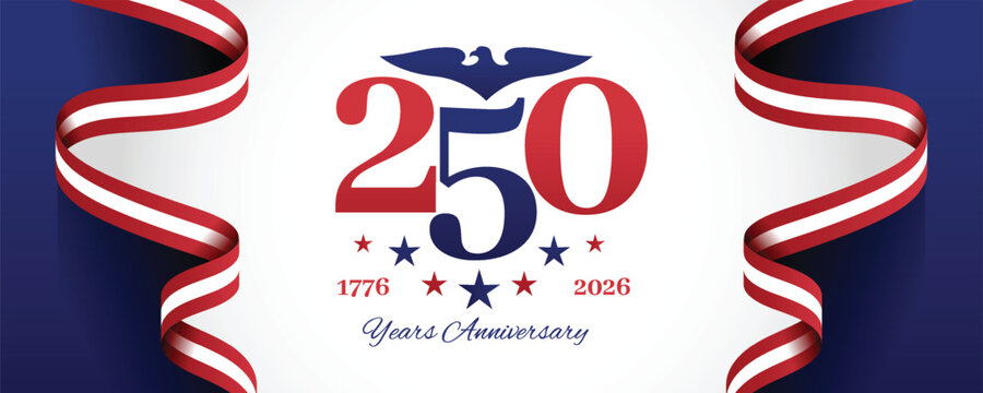 USA 250 years anniversary 1776 - 2026 celebration design with flag and eagle. America independence day 4th July.