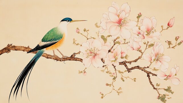 Traditional Chinese art full shot bird with long tail blue white green orange perched flowering branch pink magnolia bird faces left black tail white teardrop tips light beige paper