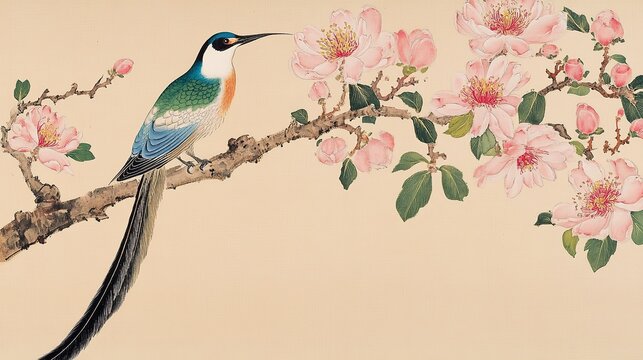 Full shot Chinese painting light beige paper long tailed multicolored bird on diagonal flowering branch pink magnolias bird left two long black tail feathers white tips
