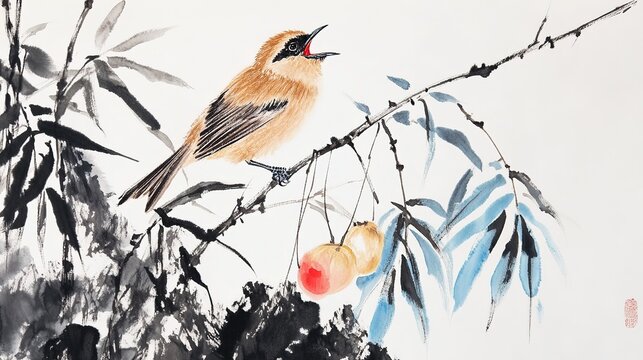 Vertical traditional Chinese ink watercolor small brown bird on branch singing with bamboo vines two gourds one red spot dark rocks below plain light background