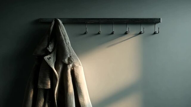 Stylish coat hanging on a minimalist wall rack