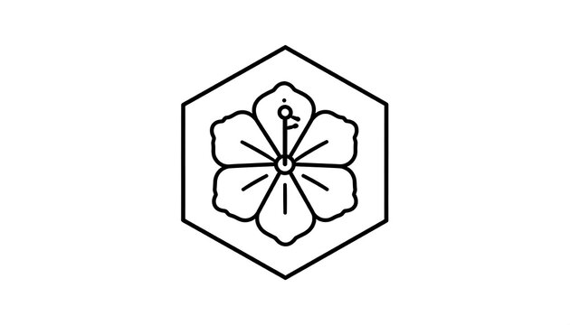 Black outline illustration. A floral emblem is centered within a hexagonal frame, presenting a stylized flower design