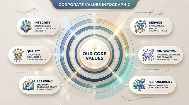 Corporate values infographic with core values and icons on beige background high quality 4k trending