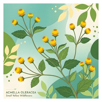 Acmella oleracea plant illustration with small yellow wildflowers toothache plant and electric daisy backdrop ai generated