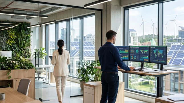 Colleagues working in sustainable modern office space featuring standing desks, multiple monitors displaying energy data, indoor plants