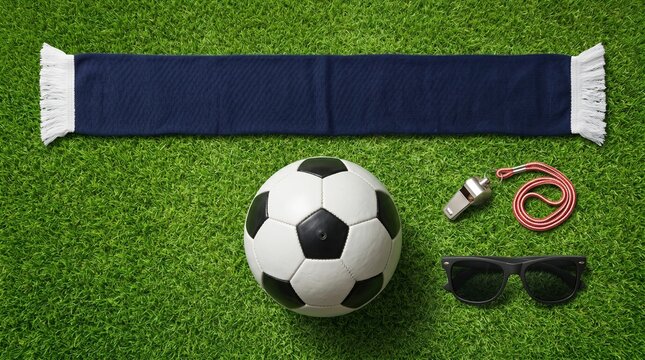 Flat lay of football game essentials including a ball, scarf, whistle, and sunglasses