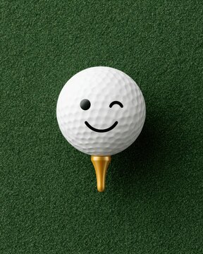 White golf ball with winking emoji expression resting upon a golden tee set against dark green grass surface professional course