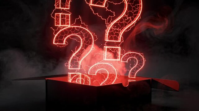 Mysterious glowing red question marks emerging from a dark open box with smoky background