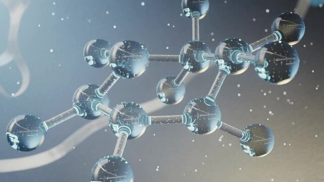 Detailed close up of molecular structure with glowing atoms representing scientific research concept