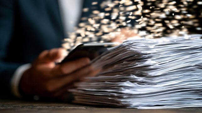 Stack of white paper documents on table transforming into flying particles data
