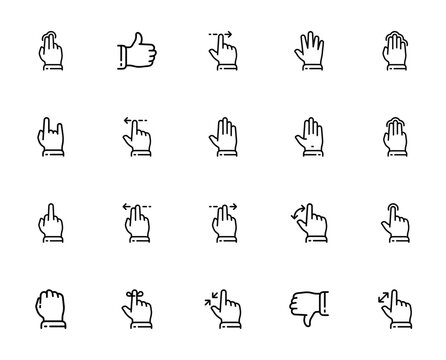 Hand Gestures icon set. Minimal line gesture pack. Vector illustration. Includes tap, thumb up, swipe, rock, fist, rotate, zoom in, zoom out, swipe left, swipe right, finger and more. Editable stroke.