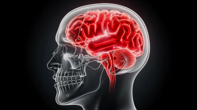 Detailed medical illustration of human brain and skull anatomy in side view with glowing red brain highlight