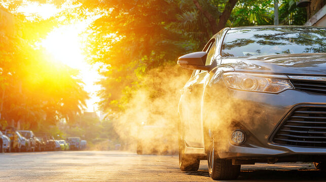 Overheated car engine under open hood releasing hot white steam vapor breakdown
