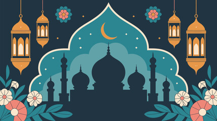 Ramadan decoration with crescent moon lanterns and a silhouette of a mosque © Outline Icon Set
