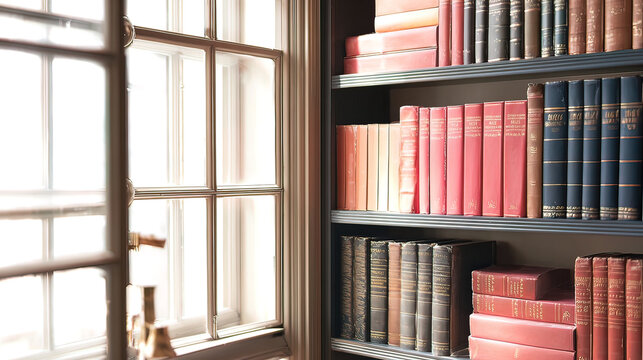 mediocrity. A curated bookshelf with philosophical volumes in soft window light. lifestyle magazines, social media lookbooks, designed for lifestyle magazines and social media content.
