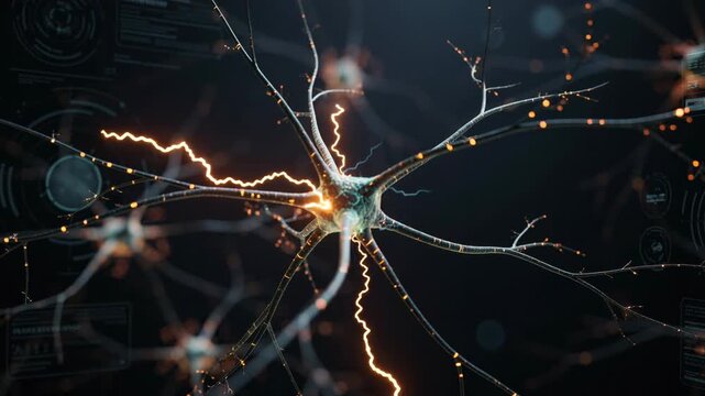 Detailed close up of glowing neuron with electric impulses and digital interface representing brain activity