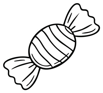 Single wrapped hard candy with striped pattern, black and white outline illustration for coloring or decoration