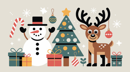 Festive christmas scene featuring a snowman reindeer tree and gifts © Outline Icon Set