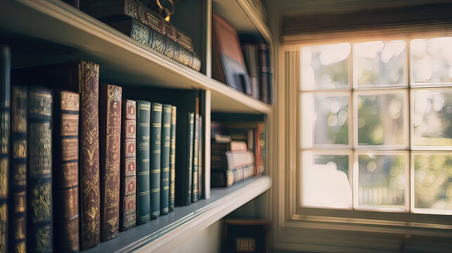 mediocrity. A curated bookshelf with philosophical volumes in soft window light. lifestyle magazines, social media lookbooks, designed for lifestyle magazines and social media content.
