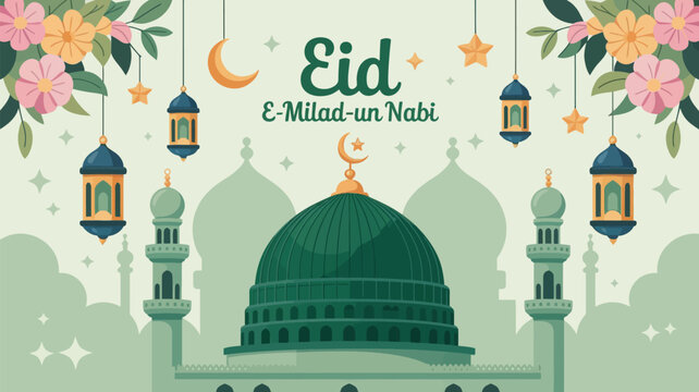 Eid al milad un nabi celebration with mosque crescent moon and floral decorations