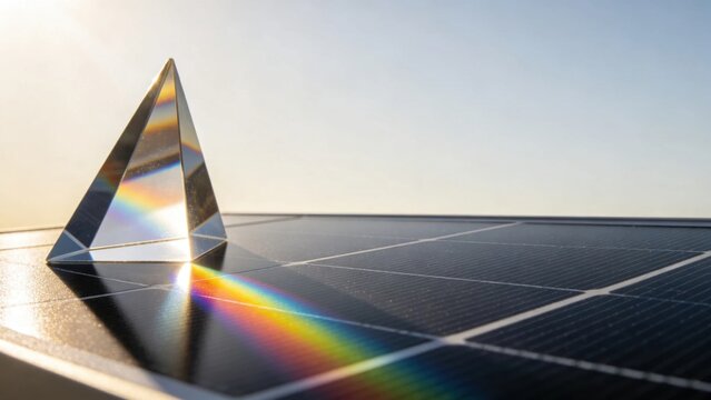 Sun rays hitting a prism creating spectrum on solar cell sur