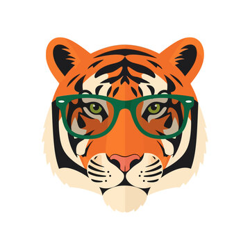Tiger head wearing green spectacles with orange fur and black stripes