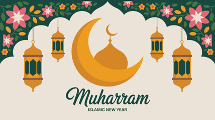 A beautiful islamic new year muharram crescent moon and lantern illustration © Outline Icon Set