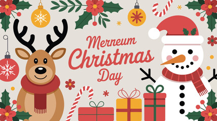 Festive christmas illustration featuring reindeer snowman gifts and holiday decorations © Outline Icon Set