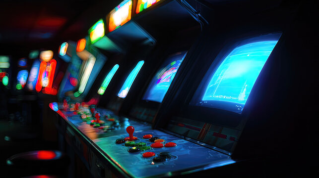 joystick. Arcade corner with glowing neon lights and illuminated buttons in dark setting. tutorial guides, club newsletters, designed for tourism and weekend activity guides.

