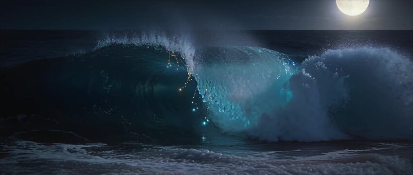 Mystical ocean wave moonlight sea night beach glowing water fantasy seascape magical tide dramatic surf sparkling spray dreamlike shore serene landscape full moonlight glamour ocean wave night