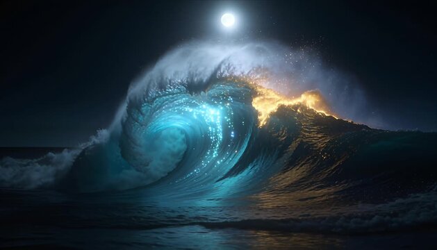 Bioluminescent wave fantasy seascape with moonlit ocean crest, glowing water and luminous surf under surreal night sky, dramatic nature scene of magical sparkling tide and dark horizon